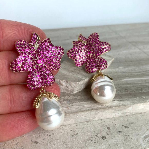 NEW ~ Anthropologie Made by Maddie Pink Travona Floral Pave Crystal & Pearl E… - Picture 7 of 16